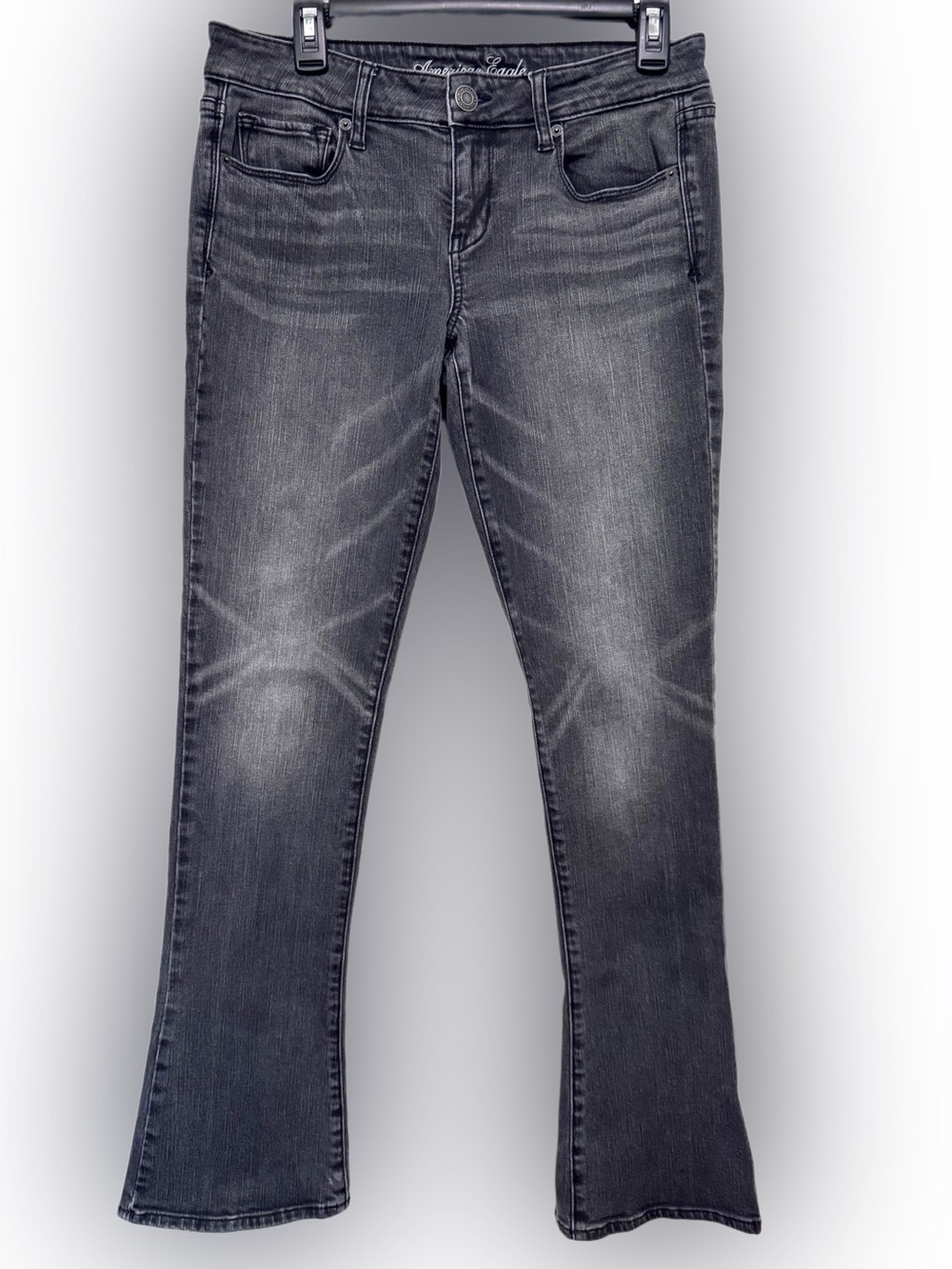 American Eagle Skinny Kick Womens 10 Black Whiskered 5 Pkt Stretch Bootcut Jeans